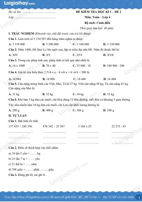 Đề kiểm tra học kì 1 Toán 4 Cánh diều - Đề số 2